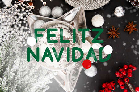 Spanish christmas card, felitz navidad, Spain, table, snow, christmas ball, xmasの写真素材