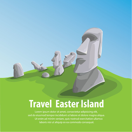 Travel and Famous Landmarks and beautiful. Moai stone statue head on Easter Island on symbol republic of Chile ,Moai statue flat design landmark illustration vector cartoon.のイラスト素材