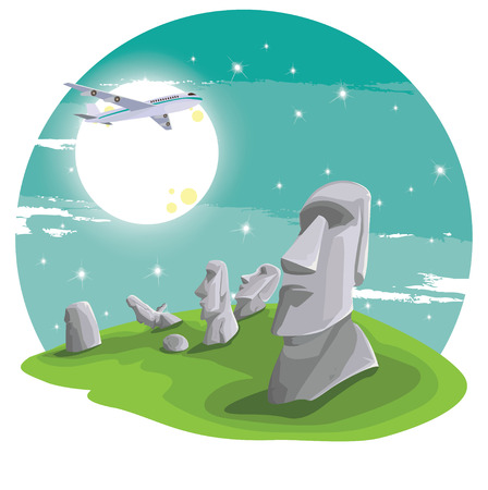 Travel and Famous Landmarks and beautiful by plane. Moai stone statue head on Easter Island on symbol republic of Chile ,Moai statue flat design landmark illustration vector cartoon.のイラスト素材