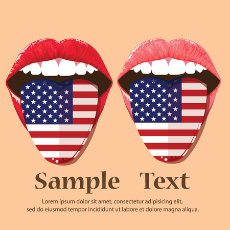 Lips open mouth sticking out tongue.Pink lips and red with national flag USA .のイラスト素材