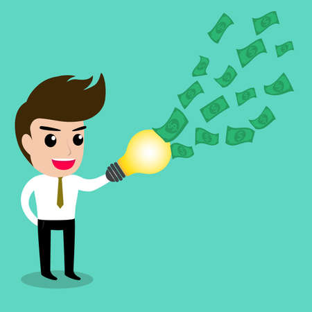 Business man uses his idea catching all the money, vector Illustration.のイラスト素材