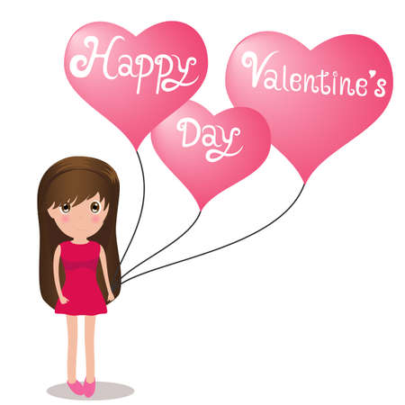 Cute girl Happy Valentine Day holding balloons heart. Vector Illustrationのイラスト素材