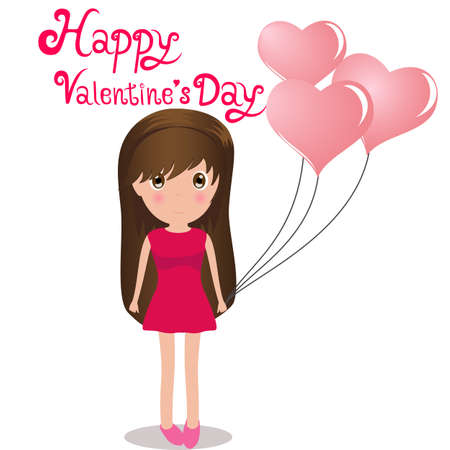 Cute girl Happy Valentine Day holding balloons heart. Vector Illustration.のイラスト素材