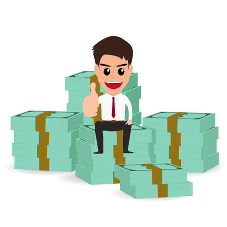 businessman sitting on money stacks .Vector Illustration.のイラスト素材