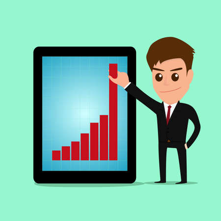 Businessman holding graph to growing up from tablet screen. vector Illustrationのイラスト素材