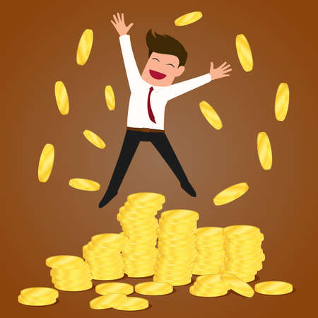 Successful businessman jumping on gold coins vector Illustrationのイラスト素材