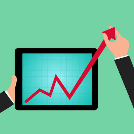 Businessman holding graph to growing up from tablet screen. vector Illustrationのイラスト素材