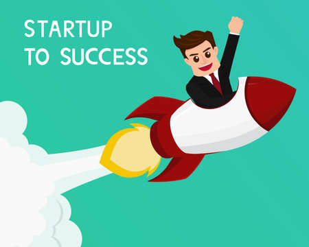 Businessman flying on a rocket start up to success  Vector Illustrationのイラスト素材