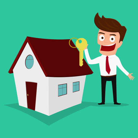 Businessman holding the key of a new home. Real estate concept. Cartoon Vector Illustrationのイラスト素材