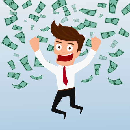 Businessman happy with money flowing in the air. Cartoon Vector Illustration.のイラスト素材