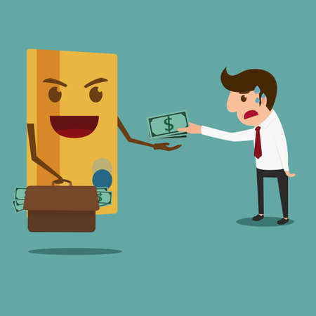 Business man pay money to credit card . Debt concept. Cartoon Vector Illustration.のイラスト素材