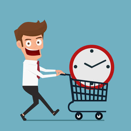 Businessman with clock in shopping cart . Buy time concept. Cartoon Vector Illustration.のイラスト素材