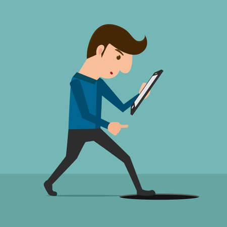 Smartphone addiction . A man looking at smartphone and walking to manhole. Cartoon Vector Illustration.のイラスト素材