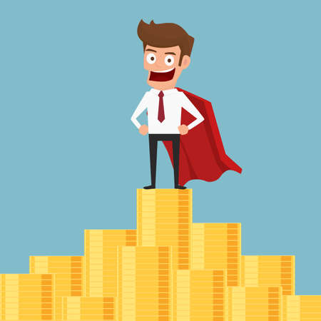 Super hero businessman standing on  money stack. Cartoon Vector Illustration.のイラスト素材