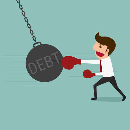 Business man punch big pendulum debt. Cartoon Vector Illustration.のイラスト素材