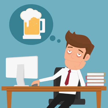 Tired businessman thinking about relax and beer. Cartoon Vector Illustration.のイラスト素材