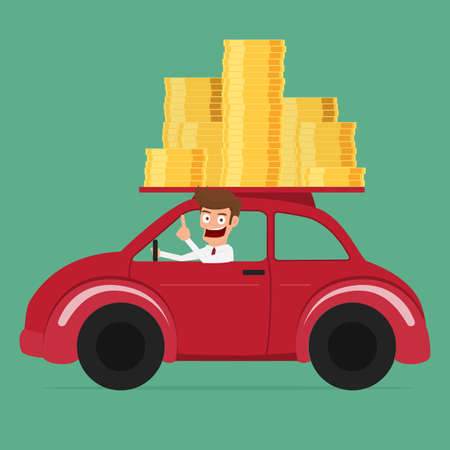 Business man driving a car full of money. Cartoon Vector Illustration.のイラスト素材