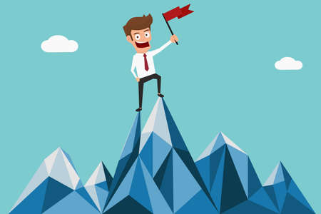 Successful businessman holding flag on top of mountain. Success concept. Cartoon Vector Illustration.のイラスト素材