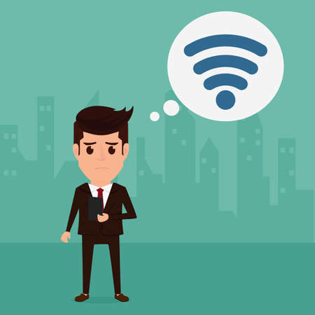 Business man looking for an internet connection to support his business. Cartoon Vector Illustration.のイラスト素材