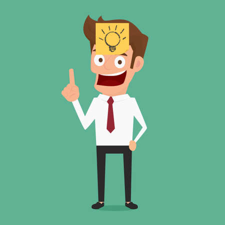 Businessman showing light bulb on yellow sticky notes paper. Cartoon Vector Illustration.のイラスト素材