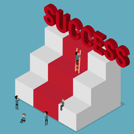 Flat 3d isometric. Different people try to success. Stairs to success. Metaphoric obstacle. Cartoon Vector Illustration.のイラスト素材