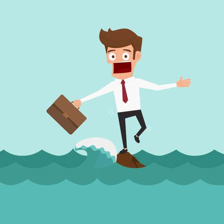 Businessman standing on a rock in the middle of sea with big waves. Risk concept. Cartoon vector Illustration.のイラスト素材