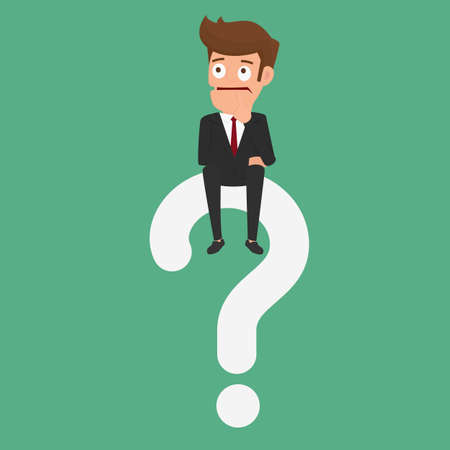 Businessman thinking and sitting on question mark. Cartoon Vector Illustration.のイラスト素材