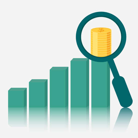 Magnifying glass focus money on raising charts. Vector Illustration.のイラスト素材