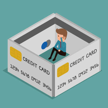 Flat 3D isometric. Businessman very upset .Credit card encircled. Debt concept. Cartoon  Vector Illustration.のイラスト素材