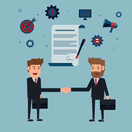 Businessman handshake and contract to sign on agreement paper. Cartoon Vector Illustration.のイラスト素材