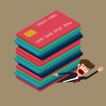 Businessman under many credit cards. Debt concept.  Cartoon Vector Illustration.のイラスト素材