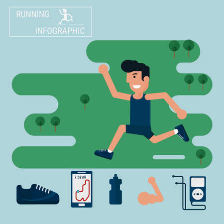 Jogging and running infographics set with man running outdoor. Cartoon Vector Illustration.のイラスト素材