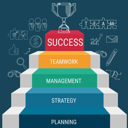 Stair step go to Trophy and success. Staircase to success. Cartoon Vector Illustration.のイラスト素材