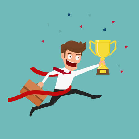 Businessman crossing finish line and holding trophy. Competition concept. Cartoon Vector Illustration.のイラスト素材