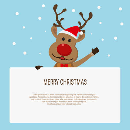 Christmas card with reindeer holding blank paper for your text. Cartoon Vector Illustration.のイラスト素材