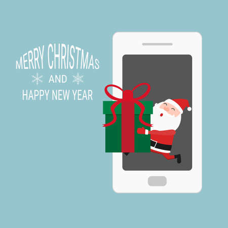 Santa Claus giving gift on phone. Cartoon Vector Illustration.のイラスト素材