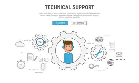Flat line design concept for technical support, customer service, used for web banners, hero images, printed materials. Cartoon Vector Illustration.のイラスト素材