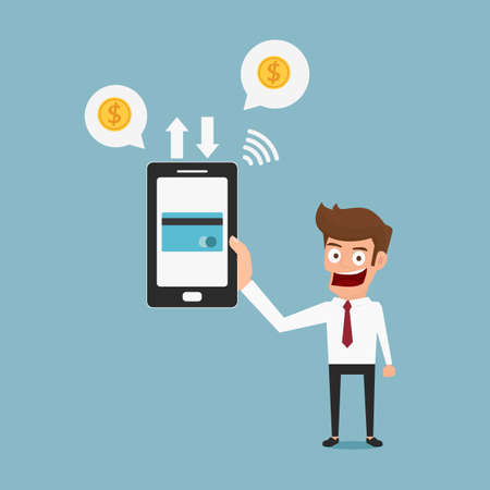 Businessman holding smartphone. Mobile payment credit card. Cartoon Vector Illustration.のイラスト素材