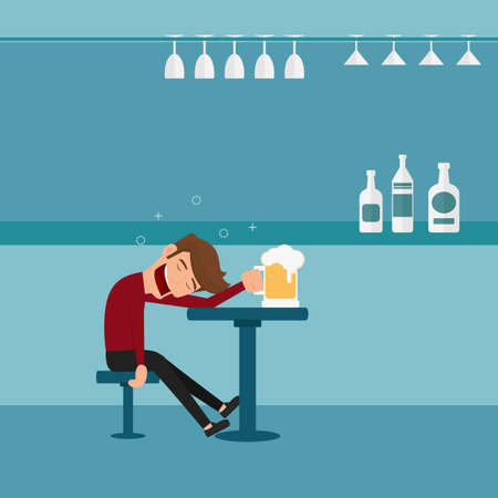 A drunk man asleep at the bar in the night club.Man relaxing in a bar. Cartoon Vector Illustration.のイラスト素材