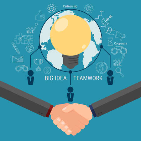 Business team brainstorm and get big idea. Cooperate global business success concept. Icons design. Cartoon Vector Illustration.のイラスト素材