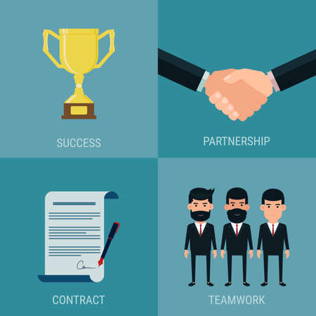 Set of cooperate business success concept. Trophy ,handshake, contract, teamwork. Cartoon Vector Illustrationのイラスト素材