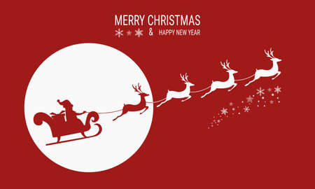 Silhouette. Santa claus flying with reindeer sleigh on background of the full moon. Cartoon Vector Illustration.のイラスト素材