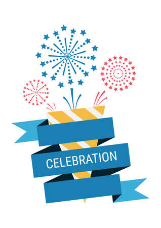 Ribbon celebration with fireworks background. Vector Illustration.のイラスト素材