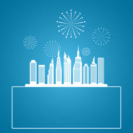 Cityscape, Skyscrapers with celebration fireworks background. Vector Illustration.のイラスト素材