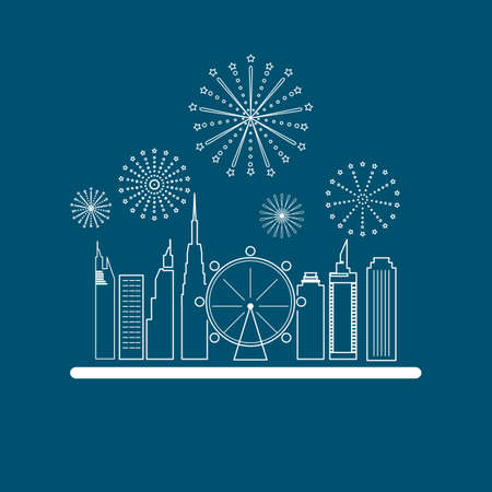 Cityscape in linear style, Skyscrapers with celebration fireworks background. Vector Illustration.のイラスト素材