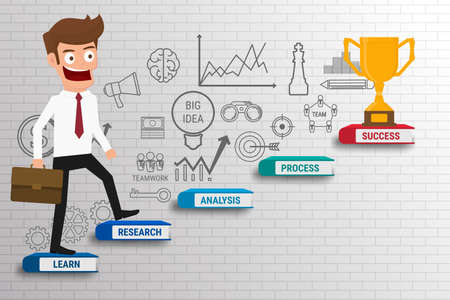 Businessman walking on career ladder made of books. Stair step to Trophy and success. Staircase to success. Cartoon Vector Illustration.のイラスト素材