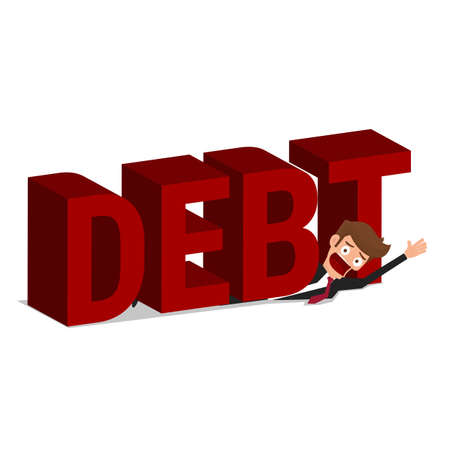 Businessman under word Debt. Debt concept. Cartoon Vector Illustration.のイラスト素材