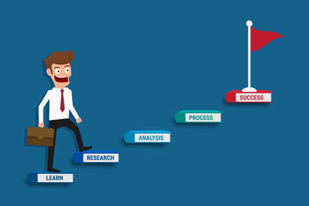 Businessman walking on career ladder made of books. Stair step to success. Staircase to success. Cartoon Vector Illustration.のイラスト素材