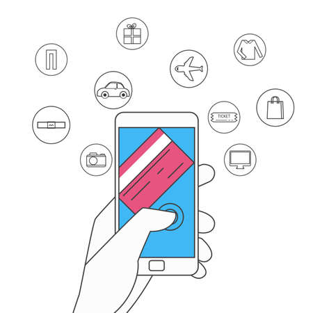 Flat line design. Online shopping and mobile payments concept. Hand holding smartphone with icons set.  Cartoon Vector Illustration.のイラスト素材