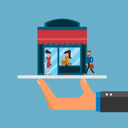 Flat design style. Online shopping concept on smartphone. Cartoon Vector Illustration.のイラスト素材